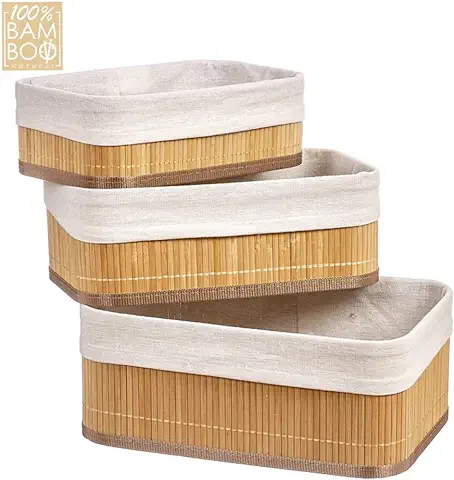 MUSET Juego 3 Cestas Almacenaje Baño Bambu 100% - Cajas Decorativas para Almacenar - Practicas Cestas Organizadoras para Armarios y Estanterias (bambu Decoracion)  