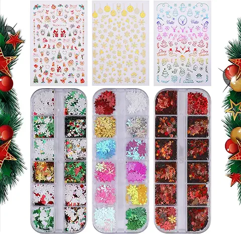 MWOOT Navidad 3 Cajas Lentejuelas Uñas 3 Hojas Pegatinas Uñas Kit, Christmas Holográfico Confetti Copos de Nieve Purpurina Nail Art Sticker, 3D DIY Láser Glitter Fiesta Maquillaje Manicura Decoracion  