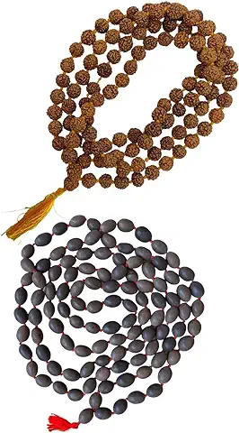 NAISHA Paquete de 2 Rudraksha Mala 108+1 Cuentas y Original Kamal Gatta Mala (Lotus Seeds) Natural Himalaya 5 Caras Panch Mukhi Rudraksha Semilla, Japa Mala  