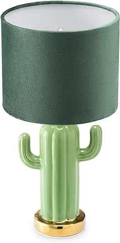 Navaris Lámpara de Cactus de Cerámica - Iluminación de mesa con Rosca E14 para Mesita de Noche con Pantalla de Tela- 32,5 x 16,8 cm - Base Verde  