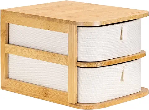 Navaris Mini Cajones para Maquillaje - Organizador de Bambú con 2x Cajón de tela - Mueble para Baño Escritorio Tocador Joyas - 17,5 x 23 x 15 cm  