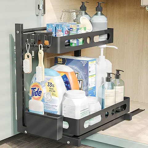 NETEL Organizador Deslizantes para Almacenamiento Bajo Fregadero, Estante de Armario de Cocina o Baño de 2 Niveles, Altura Ajustable, Negro  