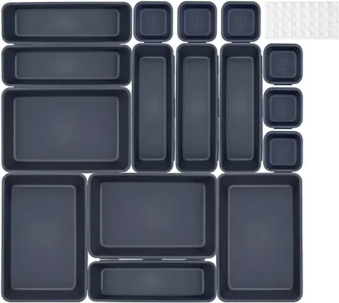 NINGESHOP Organizador Cajones Cajas Organizadoras Plástico 16 pcs Separadores de Escritorio Cajones Organizador Baño para Maquillaje, Joyas, Dormitorio, Baño, Oficina Escritorio, Cocina, Gris Oscuro  