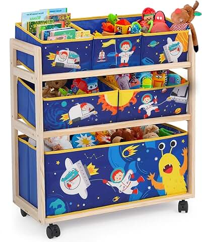 NUKied Estantería Infantil para Juguetes y Libros con Ruedas，6 Cajas de Tela no Tejida Extraíbles, para Sala de Juegos, Escuela, 64x 28 x 60 cm, Patrón Pequeño Monstruo  