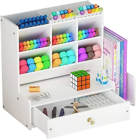 NUODWELL Organizador de Escritorio con Cajón, de Color Blanco y gran Capacidad, para Guardar Bolígrafos y Otros Artículos de Papelería, Estante de Almacenamiento para Oficina, Escuela y Hogar  