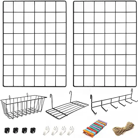 ODOXIA Juego de 2 Paneles de Rejilla Decoracion Pared con Accesorios | Incluye Cestas para Colgar, Ordenador de Cartas, Estante y Percheros | Decoración para Colgar en Casa, Oficina y Cocina  