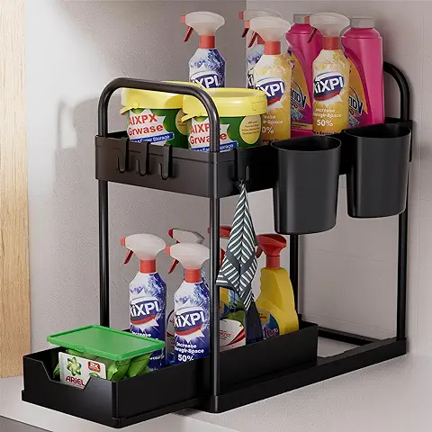 Organizador bajo Fregadero 2 Niveles, Estantería con 1 Cajón de Almacenamiento Deslizante, Armario de Fregadero Estantes para Cocina, Baño Despensa, Encimera o Cosméticos, Negro-1 Paquete  