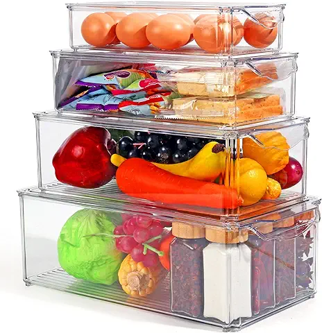 Organizador Cocina Nevera, Czemo Gran Capacidad Organizador Frigorifico Apilable, Organizador Despensa with Lids, Organizador Nevera para Latas, Huevos, Frutas, Verduras, Carne, Juego de 4  