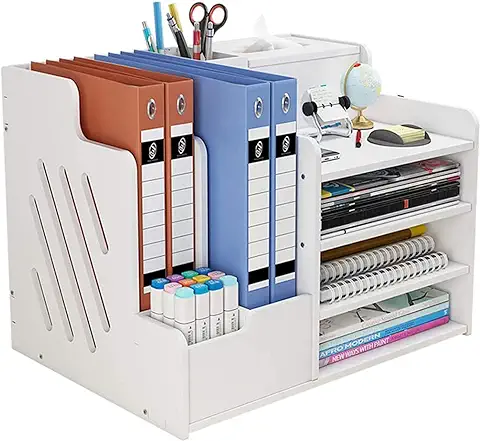 Organizador de Archivos de Escritorio, Escritorio Documento Organizador de Archivos para Office Home School, Organizador de Bandeja de Letras de Papel con Caja de Tejido (Blanco-pb07)  