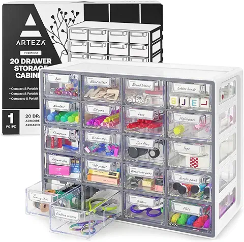 Organizador de Cajones ARTEZA, 20 Cajones Transparentes para Bolígrafos, Clips, Suministros de Costura y Manualidades, Organización para Hogar, Oficina y Aula - Gris  