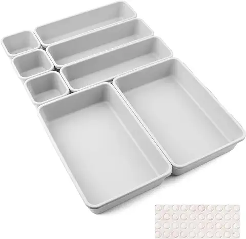 Organizador de Cajones Escritorio 8 Pcs Organizador Cajones Baño Plastico Organizador de Maquillaje Cajones Drawer Organizer para Cajones, Oficina, Escritorio, Cocina, Baño, Maquillaje (Gris Claro)  