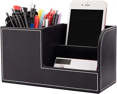 Organizador De Escritorio con Soporte Para Bolígrafo, Multifuncional, En Elegante Cuero Negro De PU Para Papelería, Tarjetas De Visita, Teléfonos Celulares  