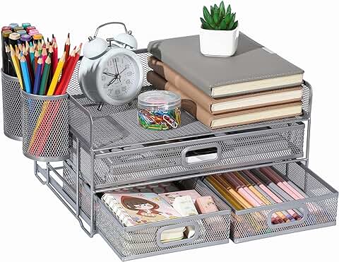 Organizador de Escritorio de 3 Bandejas con Cajón, Messh Office Desk Supplies Organizer Carta de Documentos Titular de la Bandeja para Office Home (Plata)  