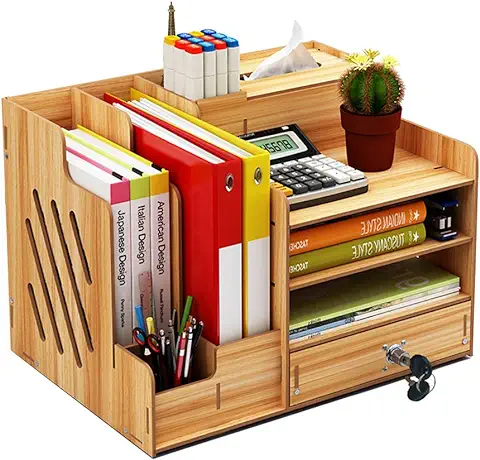 Organizador de Escritorio de Madera, gran Capacidad para Bricolaje, Suministros de Oficina, Almacenamiento de Archivos, Revistas, Documentos, Organizador con Cajón, caja de Soporte para Bolígrafos  