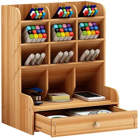 Organizador de Escritorio de Madera, Multifuncional, con Cajón, Papelería, Escritorio, Organizador de Escritorio, Soporte para Bolígrafos, para el Hogar, la Oficina y la Escuela, Color Cherry Wood  