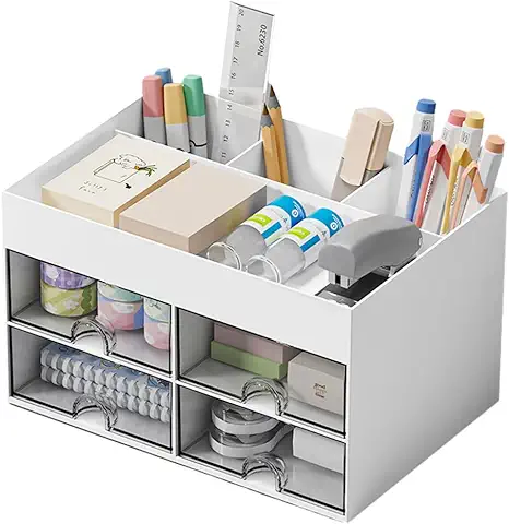 Organizador de Escritorio,bonita caja de Almacenamiento de Maquillaje con 4 Cajones y 4 Compartimentos,organizador de Escritorio,soporte para Bolígrafos para el Hogar,la Oficina y la Escuela (blanco)  