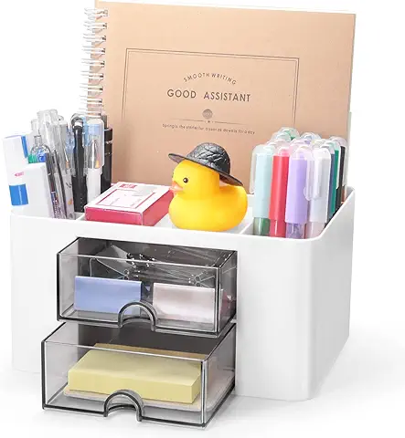 Organizador de Escritorio,Lapiceros para Escritorio con Cajón,Multifuncional Organizador de Mesa de 5 Compartimentos,Organizador de Oficina,estacionario de Escritorio para Oficina Hogar Escuela,Blanco  