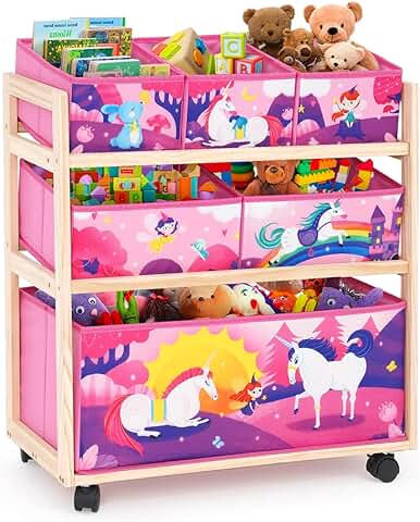 Organizador de Juguetes para Niños con Ruedas y 6 Recipientes de Almacenamiento de gran Capacidad para Guardar Juguetes para Habitación de Niños, Habitación de Niñas (unicornio)  