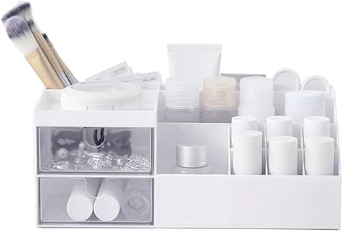 Organizador de Maquillaje con Cajones, Makeup Organizer Plastico Caja Almacenamiento de Cosméticos para Guardar Perfume Cremas de Tocador Baño (2 Cajones, 10 Compartimentos)  