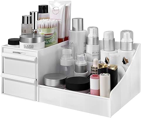 Organizador de Maquillaje con Gavetas, Escritorio Cajón De Tipo Caja de Almacenamiento de Cosméticos para Joyería Accesorios, Vitrina Sobre Encimera para Baño Tocadores Blanco  