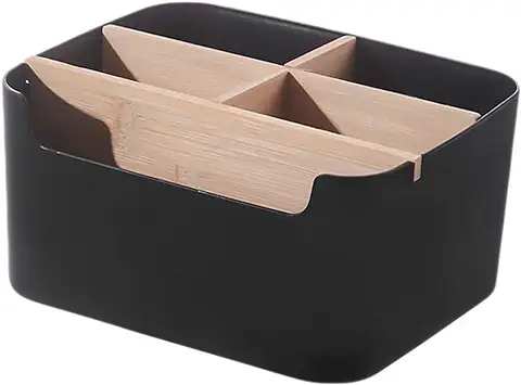 Organizador Escritorio Multiusos, Caja de Almacenamiento de Madera con Desmontable 5 Compartimentos, Organizador de Escritorio de Oficina de Madera, para Pluma, Tijeras, Gafas (negro)  