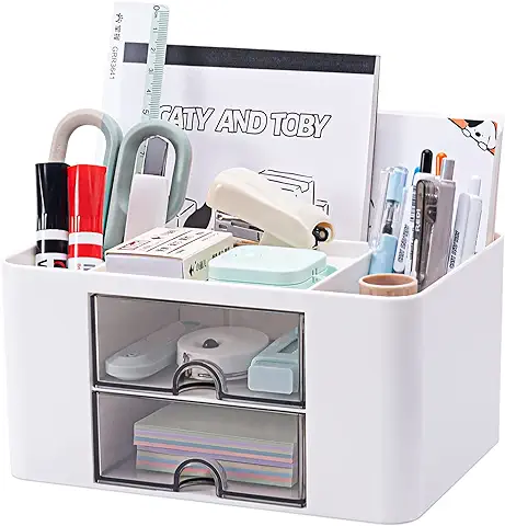 Organizador Escritorio Versátil con 5 Compartimentos, 2 Cajones y Opciones de Almacenamiento Multifuncionales - Ideal para Suministros de Oficina, Artículos de Papelería y Accesorios de Escritorio.  