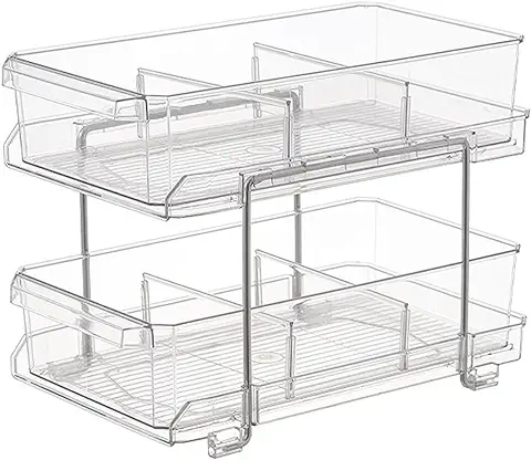 Organizador Transparente Multiusos con Divisores, Contenedor de Almacenamiento Deslizante de 2 Niveles para Tocador de Baño y Cocinas, Gabinete/encimera, Cajones Acrílicos para Medicamentos  