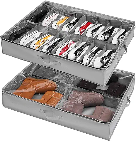 Organizador Zapatos 2 Pcs, para 16 + 4 Pares de Botas, Almacenaje bajo Cama y para Parte Superior del Armario, Cajas para Guardar Organizar con Ventana Transparente  