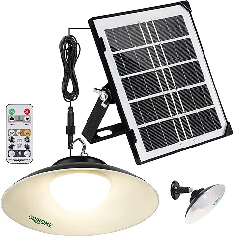 Orihome Lámpara Colgante Solar para Interior/exterior, Control Remoto, Montaje en Techo y Pared, luz Solar Impermeable IP65 para Patio, Cobertizo, Granero, Cenador, Patio, Regulable y Temporizador  