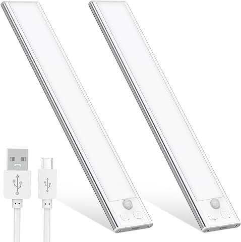 OUILA Luz de Armario, Metal, con Sensor Movimiento 1000mAh Recargable Luz Nocturna,20CM Regulable Lampara LED Adhesiva para Gabinete, Pasillo, Escalera, Sótano, Cocina, Garaje-2 Packs  