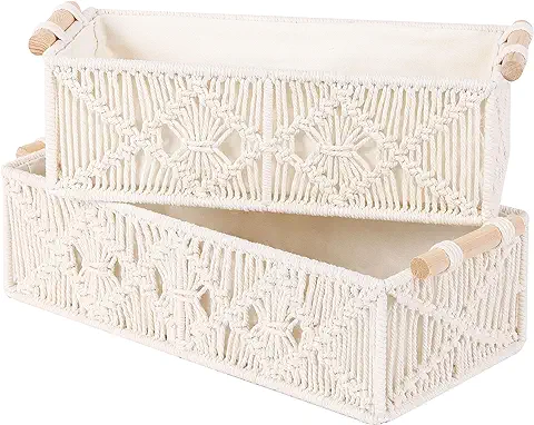 OUTBROS Cestas Almacenaje, Set de 2 Cestas Decorativas, Canasta Tejida a Mano, Boho Decor Cesta Bebe Organizadoras con Mango de Madera, Cajas Organizadoras para Armarios, Salones, Cambiador  