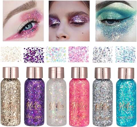 Owelth 6 Colores gel Purpurina Liquida Corporal, cara y Pelo Maquillaje, Chunky Sirena Lentejuelas, Body Glitter para Halloween Festival Masquerade Cumpleanos  