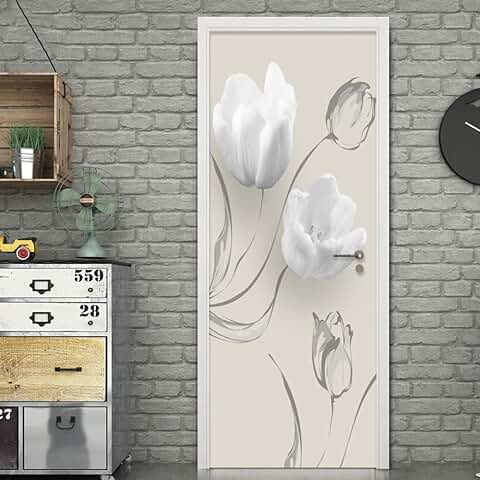 Papel Pintado de Puertas 3D Autoadhesivo Impermeable Vinilos Puertas Pegatinas Para Decorativos Para la Puertas Interior del Dormitorio Murales,flor Blanca 77 X 200 CM  