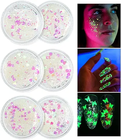 Paquete de 6 Unidades Luminosas de gel con Purpurina de Lentejuelas, Corazón, Punto, Estrella, Luna, Mariposa, Brillo Holográfico, Grueso, Cosmético Grueso para Cuerpo, Cara, Uñas, Halloween, Festival  