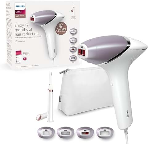 Philips Lumea Depiladora Luz Pulsada IPL Serie 8000 con Tecnología SenseIQ, 4 Accesorios para el Cuerpo, la Cara, la zona del Bikini y las Axilas, Lápiz Recortador Compacto Satén (modelo BRI949/00)  