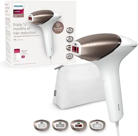 Philips Lumea Depiladora Luz Pulsada IPL Serie 8000 con Tecnología SenseIQ, 4 Accesorios para el Cuerpo, la Cara, la zona del Bikini y las Axilas, con Cable (modelo BRI948/00)  