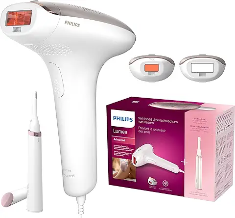 Philips Lumea IPL Hair Removal Advance - Dispositivo de Depilación con Recortadora Compacta Satinada, 2 Accesorios para Cuerpo y Cara, uso con Cable (modelo BRI921/00)  