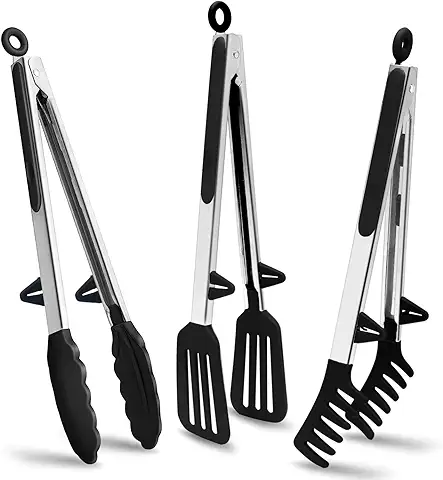 Pinzas de Cocina de Acero Inoxidable, 30cm Pinzas Barbacoa con Puntas de Silicona para Pasta Buffet Ensalada, Negro  