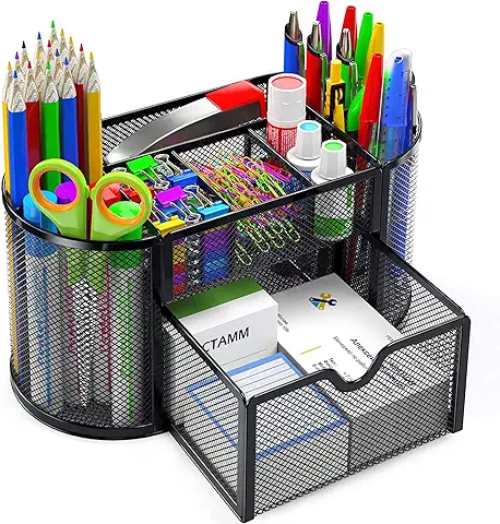 Pipishell Organizador de Escritorio de Malla para Suministros de Oficina Multifuncional con 8 Compartimentos y 1 Cajón para Oficina, Hogar, Escuela, aula  