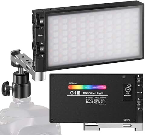 Pixel G1s RGB Luz Video LED, 2500K-8500K y 12 Escenas de luz, CRI≥97 y 360° a Todo Color LED Fotografia, Batería Recargable de 12 W Incorporada y Orificio de Tornillo de 1/4, para Videocámaras  