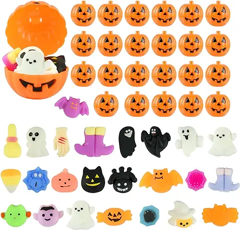 PLULON 48PCS Cajas Calabaza Halloween Juguetes Squishies Halloween Calabaza Fantasma Murciélago Animal Apretar Bolas Estrés Sensoriales Granel Favores Fiesta Niños Rellenos Regalos (Estilo Aleatorio)  