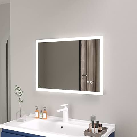 Plumbsys Espejo de Baño con Luz LED,50x70cm, Antivaho, Interruptor Táctil, Memoria, 3 Color,Espejo de Baño Pared con Iluminación  