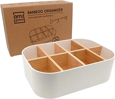 Premium ECO - Organizador de Bambú para Cosméticos, Escritorio, Cocina, Baño, Accesorios de bar y Hogar, 8 Compartimentos, Antideslizante, Multifuncional, sin Plástico  