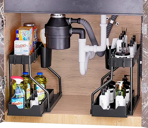 Puricon 2 Unidades Estante Debajo Fregadero Extraible, Organizador para Productos Limpieza Almacenaje Multiuso de 2 Niveles de Cocina Baño -Negro  