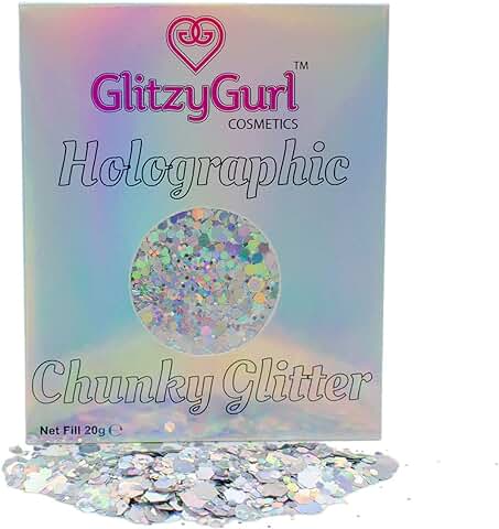 Purpurina Holográfica Gruesa Glitter GlitzyGurl para Cara, Cuerpo, pelo y Uñas, para un Festival de Purpurina, 20 g  