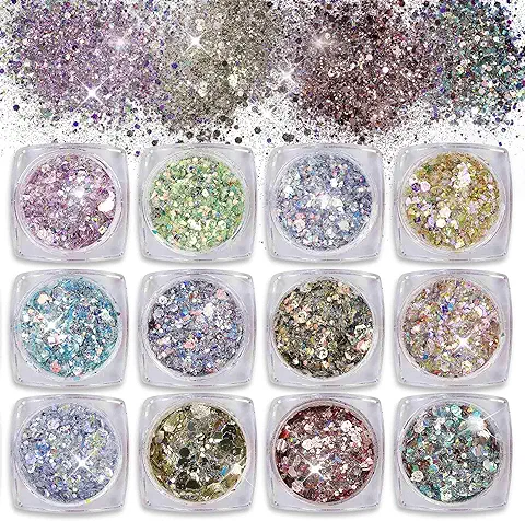 Purpurinas Polvo 12 Colores Chunky Glitter Paillette Brillante Decoración para Cara Maquillaje Pelo Arte Corporal Uñas y Mejilla