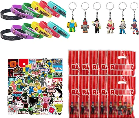 PYTRARTY Roblox Decoraciones de Fiesta de Cumpleaños Para Niños,Suministros Decoraciones Roblox Cumpleaños,12 Pulseras,10 Bolsas de Regalo,6 Keychains,50 Roblox Stickers  