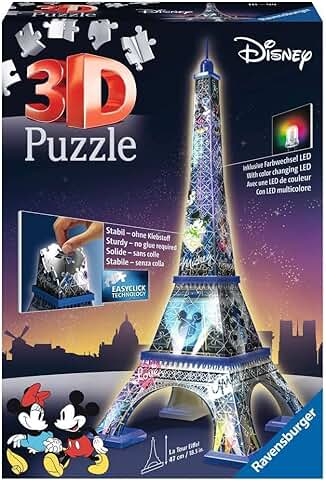 Ravensburger - 3D Puzzle Disney Tour Eiffel, Night Edition con Luces 216 Piezas, 8+ Años  
