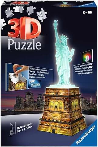 Ravensburger - 3D Puzzle Estadua de la Liberdad Night Edition con Luces, 108 Piezas, 8+ Años  