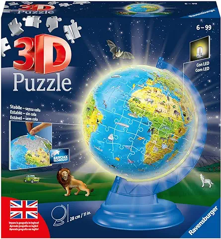 Ravensburger - 3D Puzzle Globo Night Edition, Globo con Luces, Aprender Geografía en Inglés, 180 Piezas, 6+ Años  